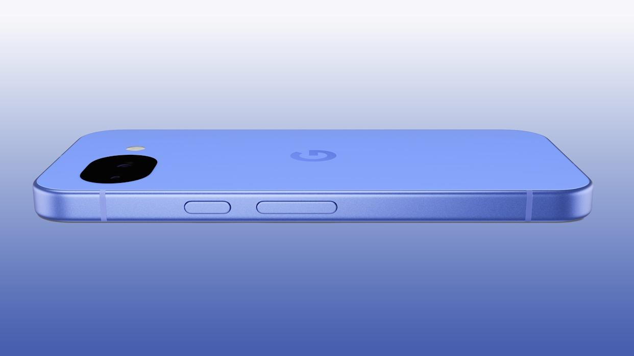 Side profile of Google Pixel 10a in Bay Blue showing the new flush pill-shaped camera design.